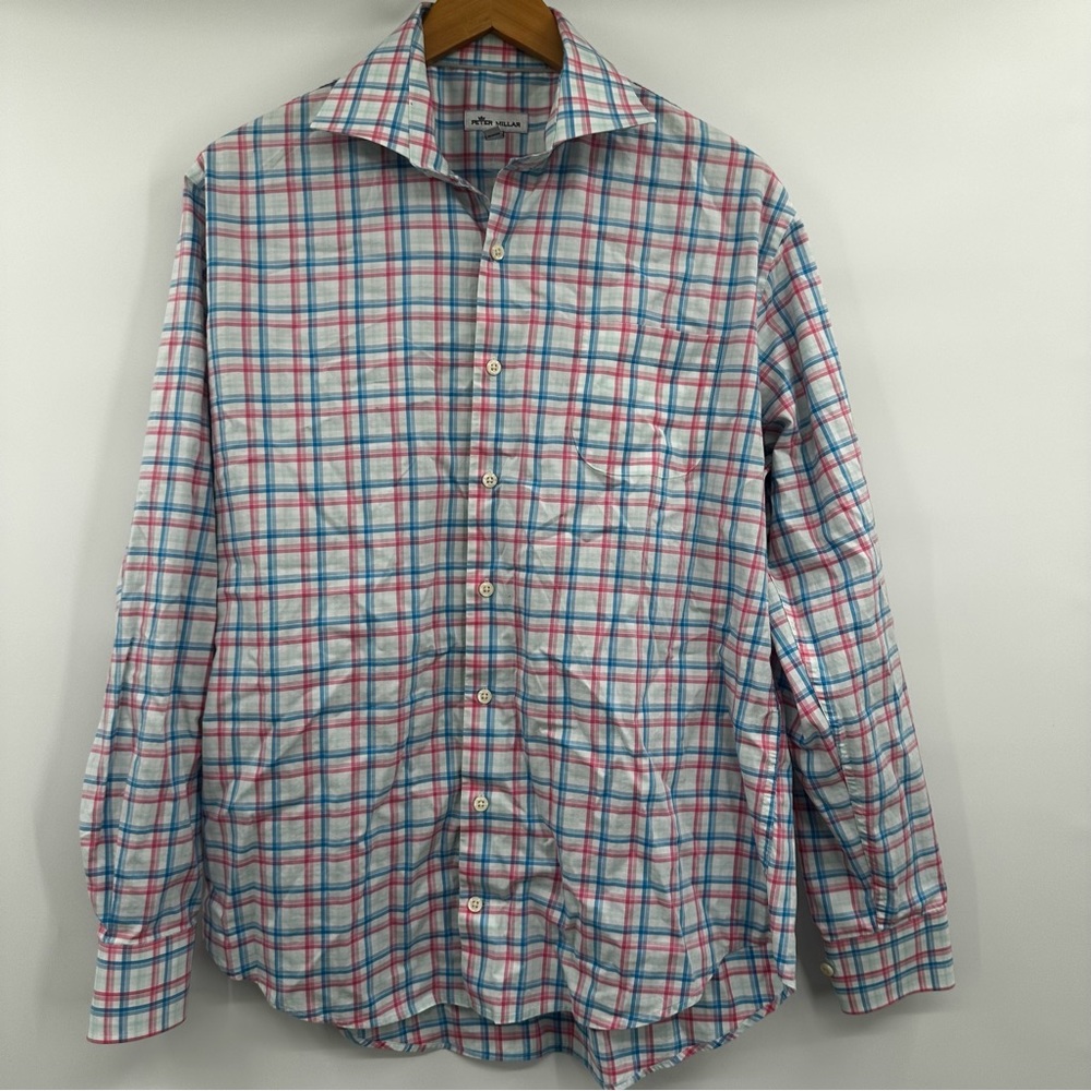 Peter Millar Men's Shirt Size Large Pink Blue Plaid‎ Long Sleeve Button Up
